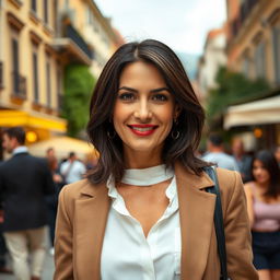 A 39-year-old woman with dark hair and distinctly Italian features, fully dressed in stylish and sophisticated attire