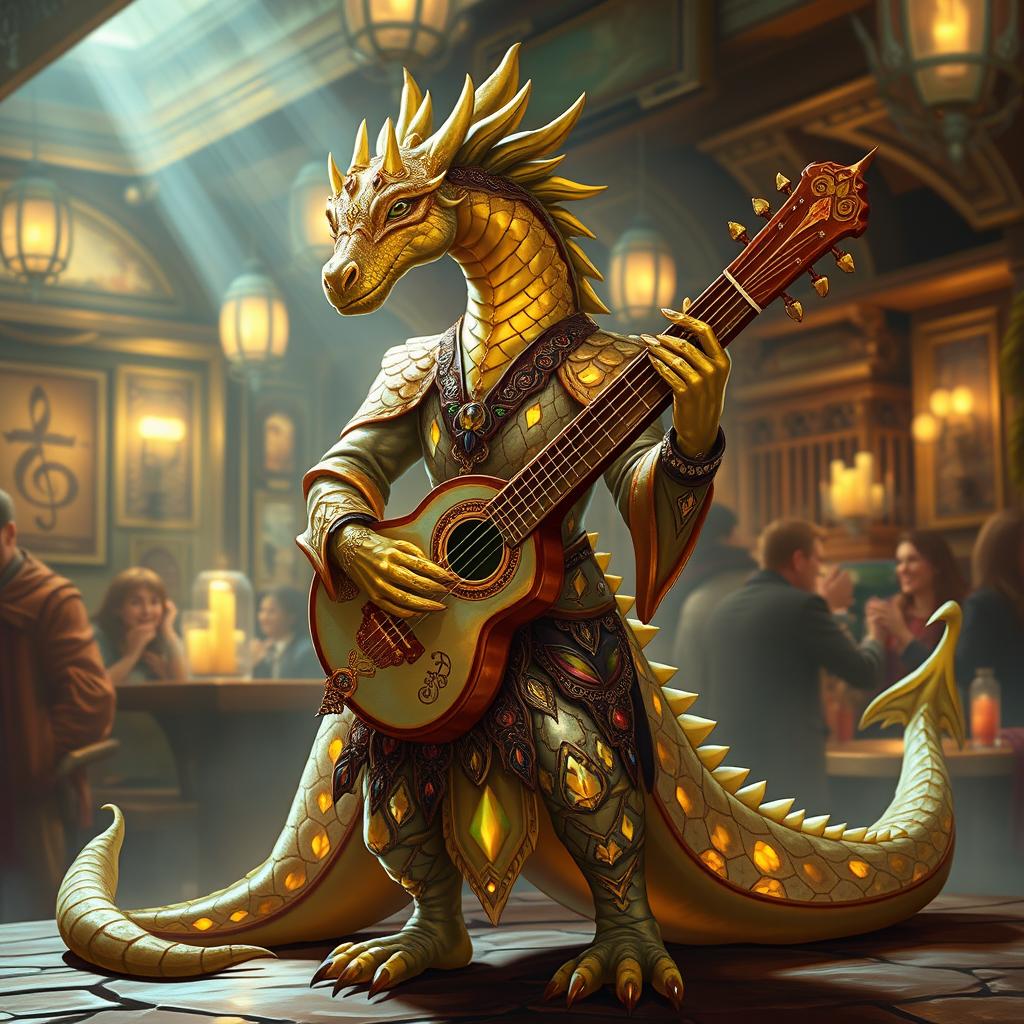 A magnificent topaz dragonborn bard, showcasing iridescent scales that shimmer with hues of gold and amber