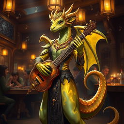 A magnificent topaz dragonborn bard, showcasing iridescent scales that shimmer with hues of gold and amber