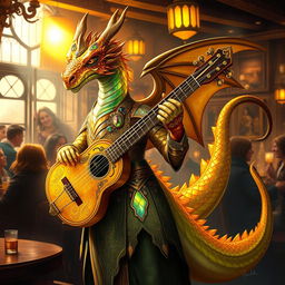 A magnificent topaz dragonborn bard, showcasing iridescent scales that shimmer with hues of gold and amber