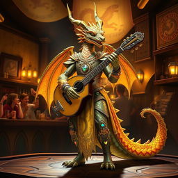 A majestic Topaz Dragonborn Bard standing on a stage, adorned in intricate, gem-studded bardic attire that glimmers with shades of topaz yellow and orange