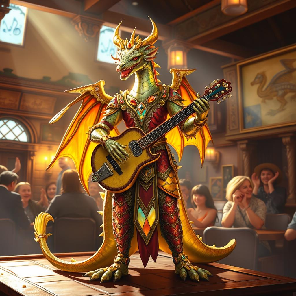 A majestic Topaz Dragonborn Bard standing on a stage, adorned in intricate, gem-studded bardic attire that glimmers with shades of topaz yellow and orange