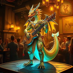 A majestic Topaz Dragonborn Bard standing on a stage, adorned in intricate, gem-studded bardic attire that glimmers with shades of topaz yellow and orange