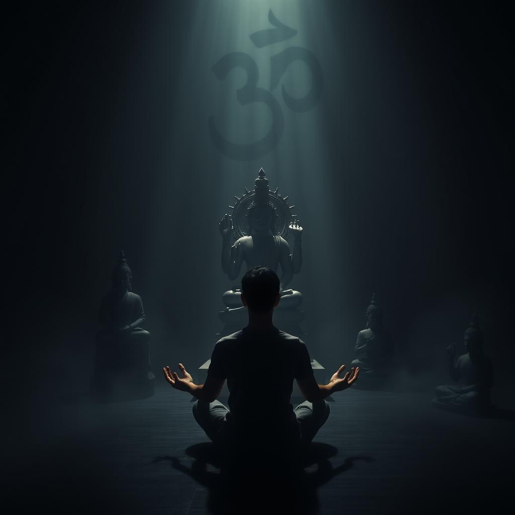 A dark, atmospheric setting featuring shadows of various religious statues and symbols, such as the Om symbol, Buddha, and other spiritual icons