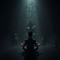 A dark, atmospheric setting featuring shadows of various religious statues and symbols, such as the Om symbol, Buddha, and other spiritual icons