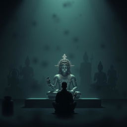 A dark, atmospheric setting featuring shadows of various religious statues and symbols, such as the Om symbol, Buddha, and other spiritual icons
