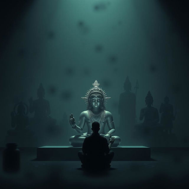 A dark, atmospheric setting featuring shadows of various religious statues and symbols, such as the Om symbol, Buddha, and other spiritual icons