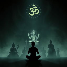 A dark, atmospheric setting featuring shadows of various religious statues and symbols, such as the Om symbol, Buddha, and other spiritual icons