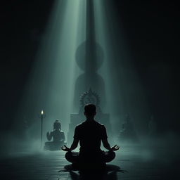 A dark, atmospheric setting featuring shadows of various religious statues and symbols, such as the Om symbol, Buddha, and other spiritual icons