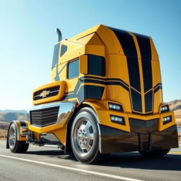 A striking semi truck designed to resemble a Chevrolet Camaro, showcasing a unique fusion of vehicle styles