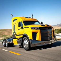A striking semi truck designed to resemble a Chevrolet Camaro, showcasing a unique fusion of vehicle styles