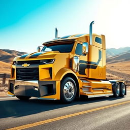 A striking semi truck designed to resemble a Chevrolet Camaro, showcasing a unique fusion of vehicle styles