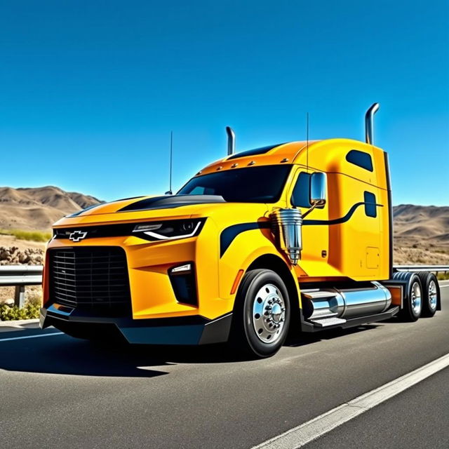 A striking semi truck designed to resemble a Chevrolet Camaro, showcasing a unique fusion of vehicle styles