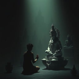 A dark, atmospheric setting filled with shadows of various religious statues and symbols, such as the Om symbol, Buddha, and ancient artifacts