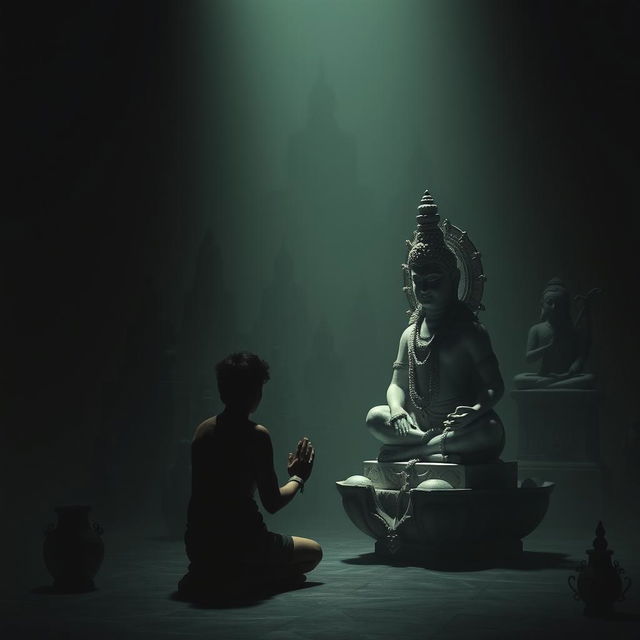A dark, atmospheric setting filled with shadows of various religious statues and symbols, such as the Om symbol, Buddha, and ancient artifacts
