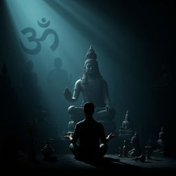 A dark, atmospheric setting filled with shadows of various religious statues and symbols, such as the Om symbol, Buddha, and ancient artifacts