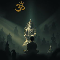A dark, atmospheric setting filled with shadows of various religious statues and symbols, such as the Om symbol, Buddha, and ancient artifacts