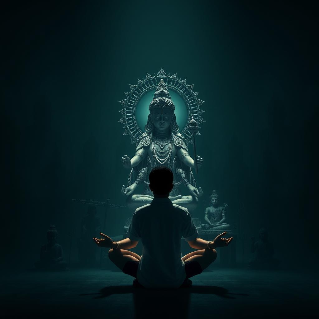 A dark, atmospheric setting filled with shadows of various religious statues and symbols, such as the Om symbol, Buddha, and ancient artifacts