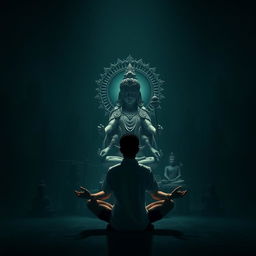 A dark, atmospheric setting filled with shadows of various religious statues and symbols, such as the Om symbol, Buddha, and ancient artifacts