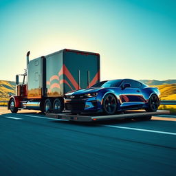 A striking scene featuring a semi truck towing a beautifully designed Chevrolet Camaro