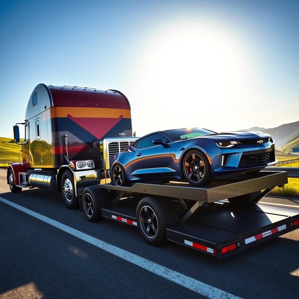 A striking scene featuring a semi truck towing a beautifully designed Chevrolet Camaro