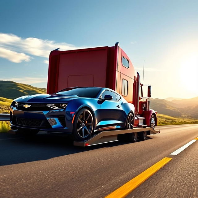 A striking scene featuring a semi truck towing a beautifully designed Chevrolet Camaro