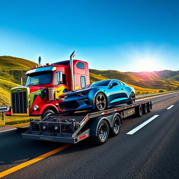 A striking scene featuring a semi truck towing a beautifully designed Chevrolet Camaro