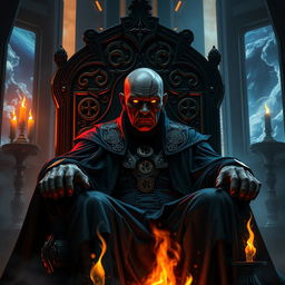 Sheev Palpatine, heavily scarred and aged, engulfed by the dark side of the Force, ominously seated on a grand, ornate throne adorned with Sith symbols