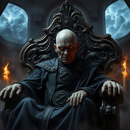 Sheev Palpatine, heavily scarred and aged, engulfed by the dark side of the Force, ominously seated on a grand, ornate throne adorned with Sith symbols