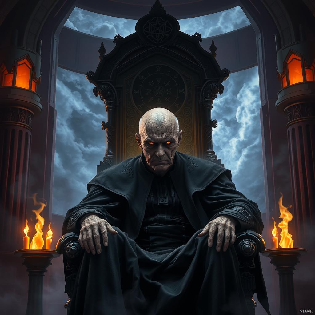 Sheev Palpatine, heavily scarred and aged, engulfed by the dark side of the Force, ominously seated on a grand, ornate throne adorned with Sith symbols