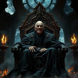 Sheev Palpatine, heavily scarred and aged, engulfed by the dark side of the Force, ominously seated on a grand, ornate throne adorned with Sith symbols