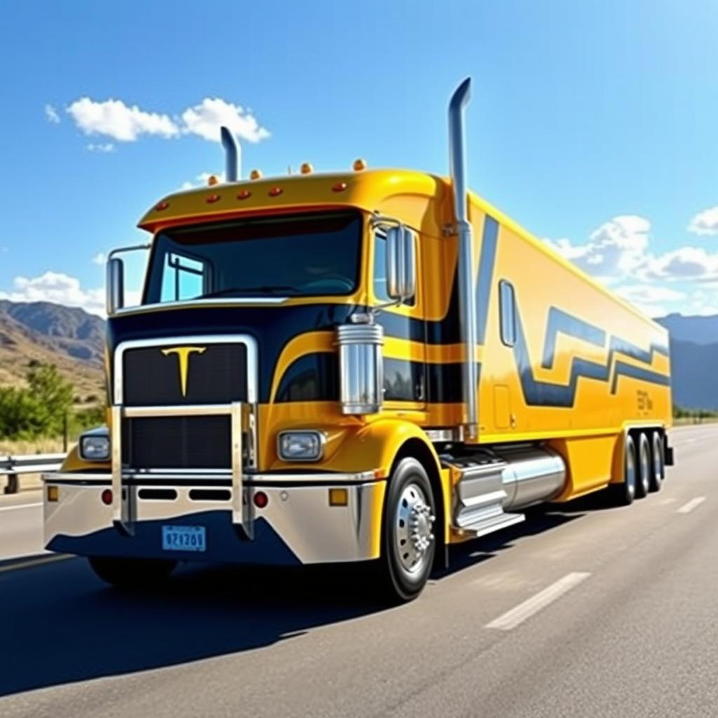 A striking semi-truck designed to resemble a classic Camaro, featuring sleek curves and a vibrant yellow paint job with black racing stripes