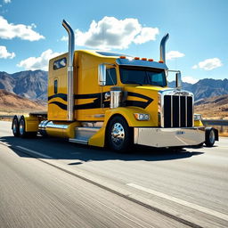 A striking semi-truck designed to resemble a classic Camaro, featuring sleek curves and a vibrant yellow paint job with black racing stripes