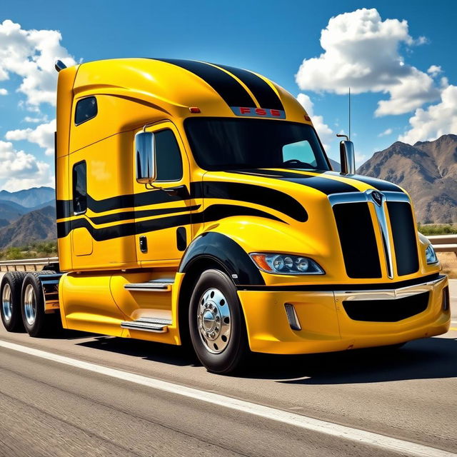 A striking semi-truck designed to resemble a classic Camaro, featuring sleek curves and a vibrant yellow paint job with black racing stripes