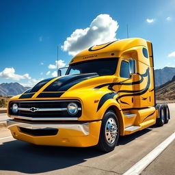 A striking semi-truck designed to resemble a classic Camaro, featuring sleek curves and a vibrant yellow paint job with black racing stripes