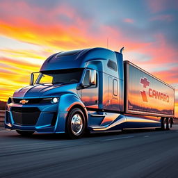 A Chevrolet Camaro designed as a semi-truck, showcasing sleek and muscular features of the car blended with the rugged and powerful elements of a semi-truck