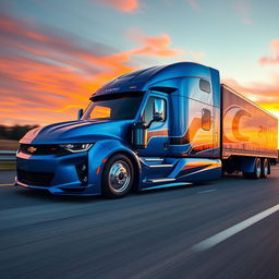 A Chevrolet Camaro designed as a semi-truck, showcasing sleek and muscular features of the car blended with the rugged and powerful elements of a semi-truck