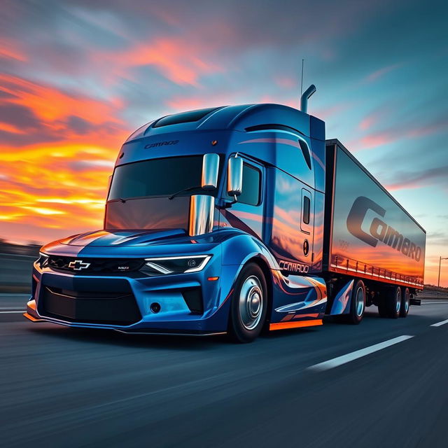 A Chevrolet Camaro designed as a semi-truck, showcasing sleek and muscular features of the car blended with the rugged and powerful elements of a semi-truck