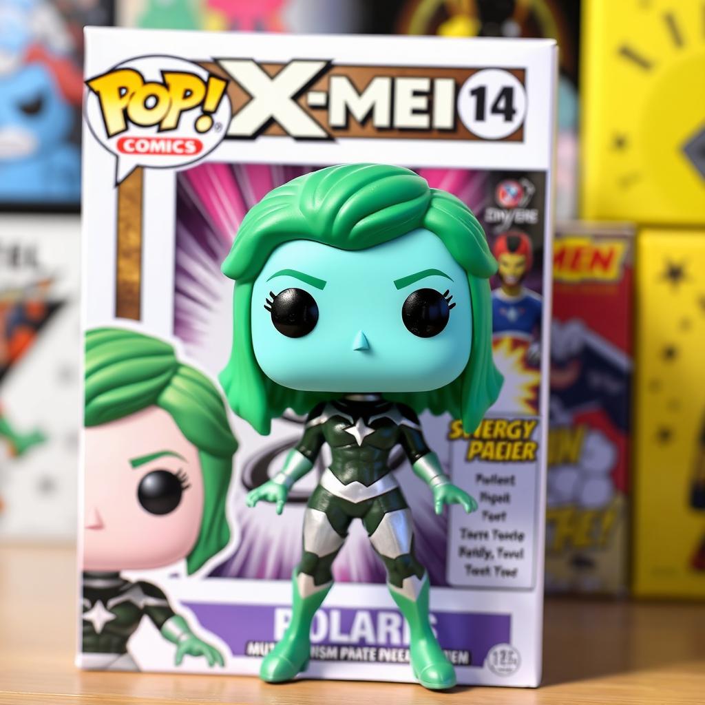 A colorful Funko Pop figure of Polaris from X-Men comics, depicted with her vibrant green hair and signature costume that includes a dark green and silver bodysuit with a star emblem on the chest