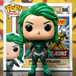 A colorful Funko Pop figure of Polaris from X-Men comics, depicted with her vibrant green hair and signature costume that includes a dark green and silver bodysuit with a star emblem on the chest