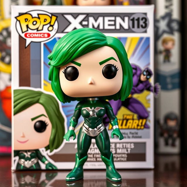 A colorful Funko Pop figure of Polaris from X-Men comics, depicted with her vibrant green hair and signature costume that includes a dark green and silver bodysuit with a star emblem on the chest