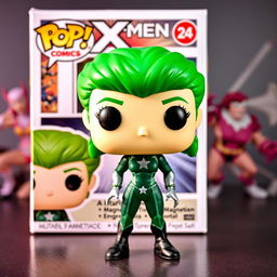 A colorful Funko Pop figure of Polaris from X-Men comics, depicted with her vibrant green hair and signature costume that includes a dark green and silver bodysuit with a star emblem on the chest