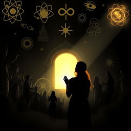 A dark, immersive setting filled with shadows of various religious statues and scientific symbols, such as the atom, infinity symbol, and other physics icons