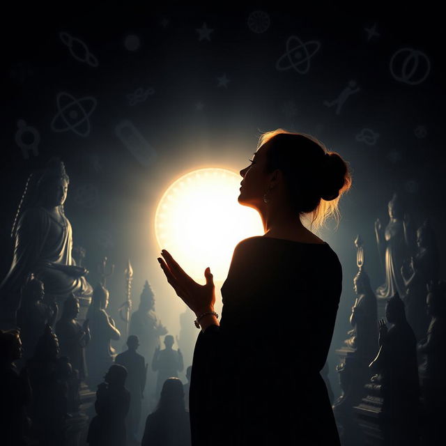A dark, immersive setting filled with shadows of various religious statues and scientific symbols, such as the atom, infinity symbol, and other physics icons