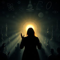 A dark, immersive setting filled with shadows of various religious statues and scientific symbols, such as the atom, infinity symbol, and other physics icons