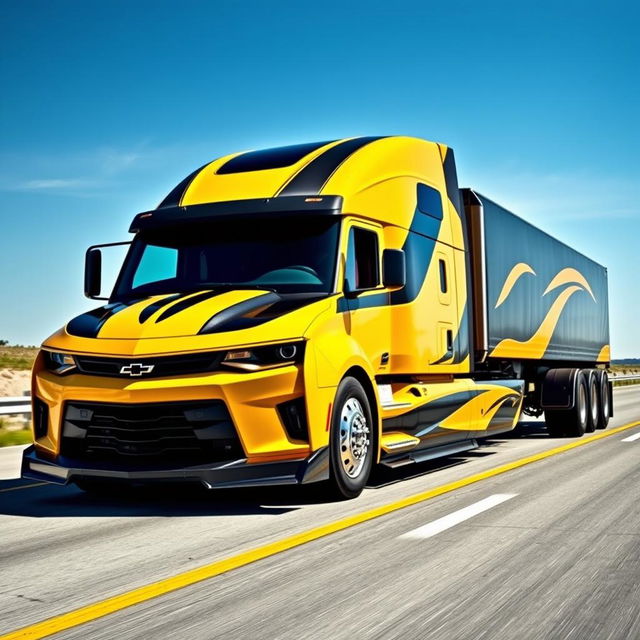 A Chevrolet Camaro transformed into a semi-truck, showcasing its sleek body and sporty design integrated with a large truck chassis