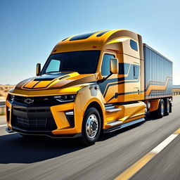 A Chevrolet Camaro transformed into a semi-truck, showcasing its sleek body and sporty design integrated with a large truck chassis