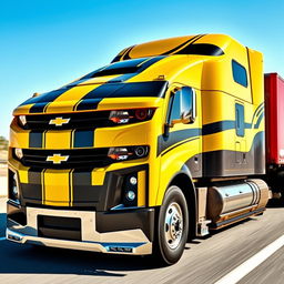 A Chevrolet Camaro transformed into a semi-truck, showcasing its sleek body and sporty design integrated with a large truck chassis