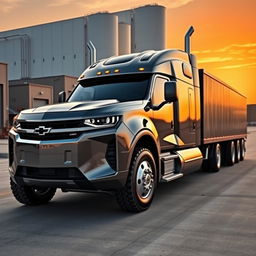 A Chevrolet Camaro designed as a semi-truck, featuring muscular lines, an extended truck bed with a shiny metallic finish, and large, rugged tires