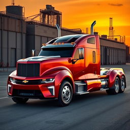 A Chevrolet Camaro designed as a semi-truck, featuring muscular lines, an extended truck bed with a shiny metallic finish, and large, rugged tires